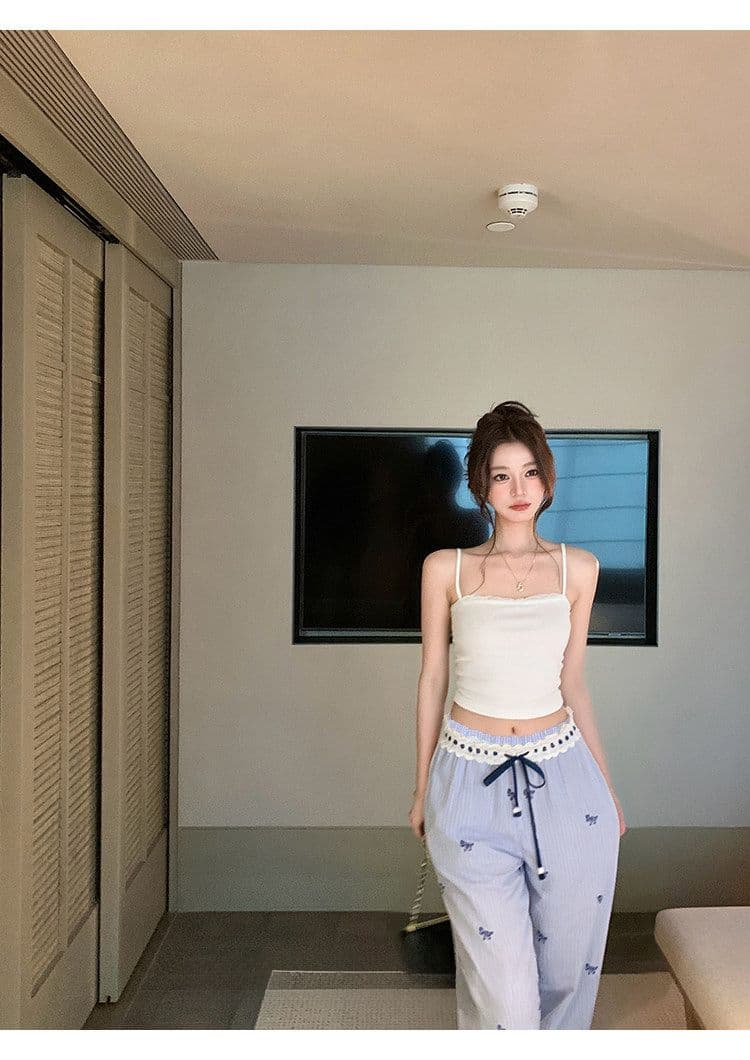 원본 솜씨 스트라이프 작은 말 프린트 허리밴드 레이스 반팔 펌프 로프 맨위 와이드 레그 팬츠 두 조각 여성 세트 여름 상세 이미지 13