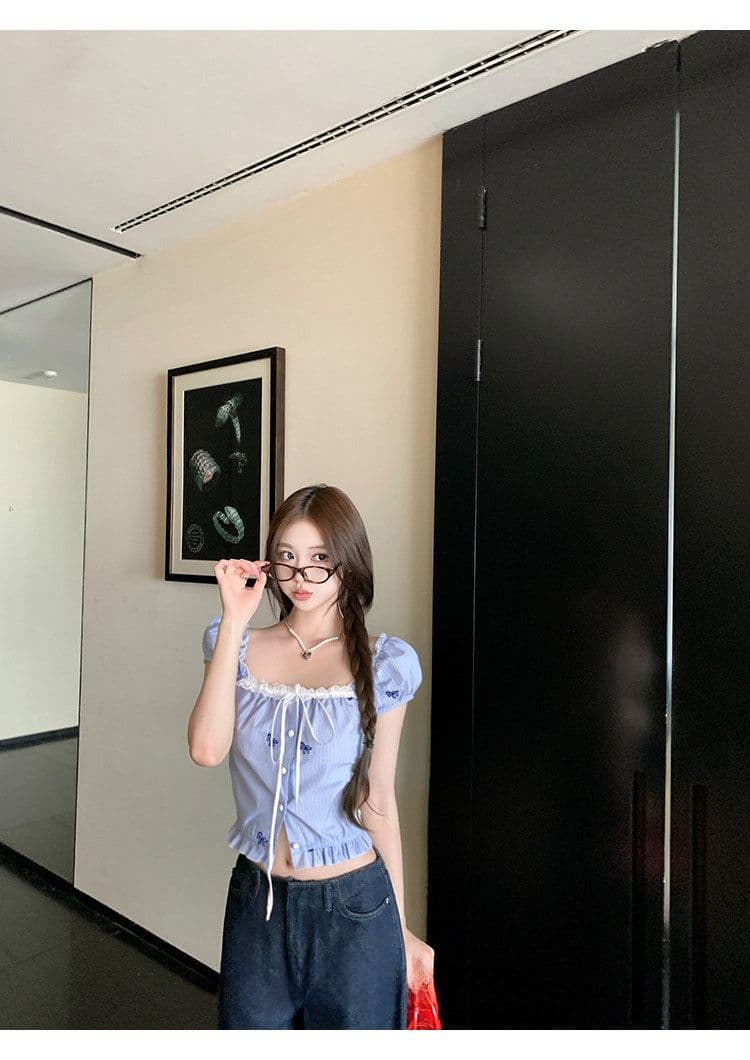 원본 솜씨 스트라이프 작은 말 프린트 허리밴드 레이스 반팔 펌프 로프 맨위 와이드 레그 팬츠 두 조각 여성 세트 여름 상세 이미지 15