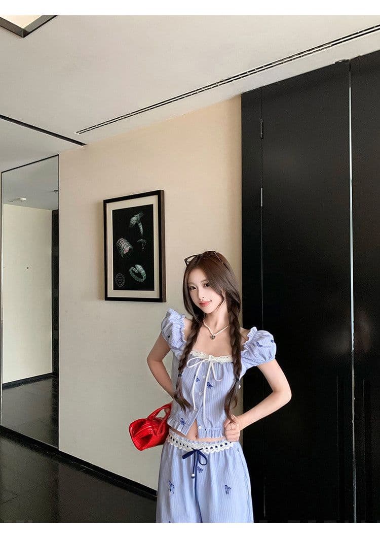 원본 솜씨 스트라이프 작은 말 프린트 허리밴드 레이스 반팔 펌프 로프 맨위 와이드 레그 팬츠 두 조각 여성 세트 여름 상세 이미지 17