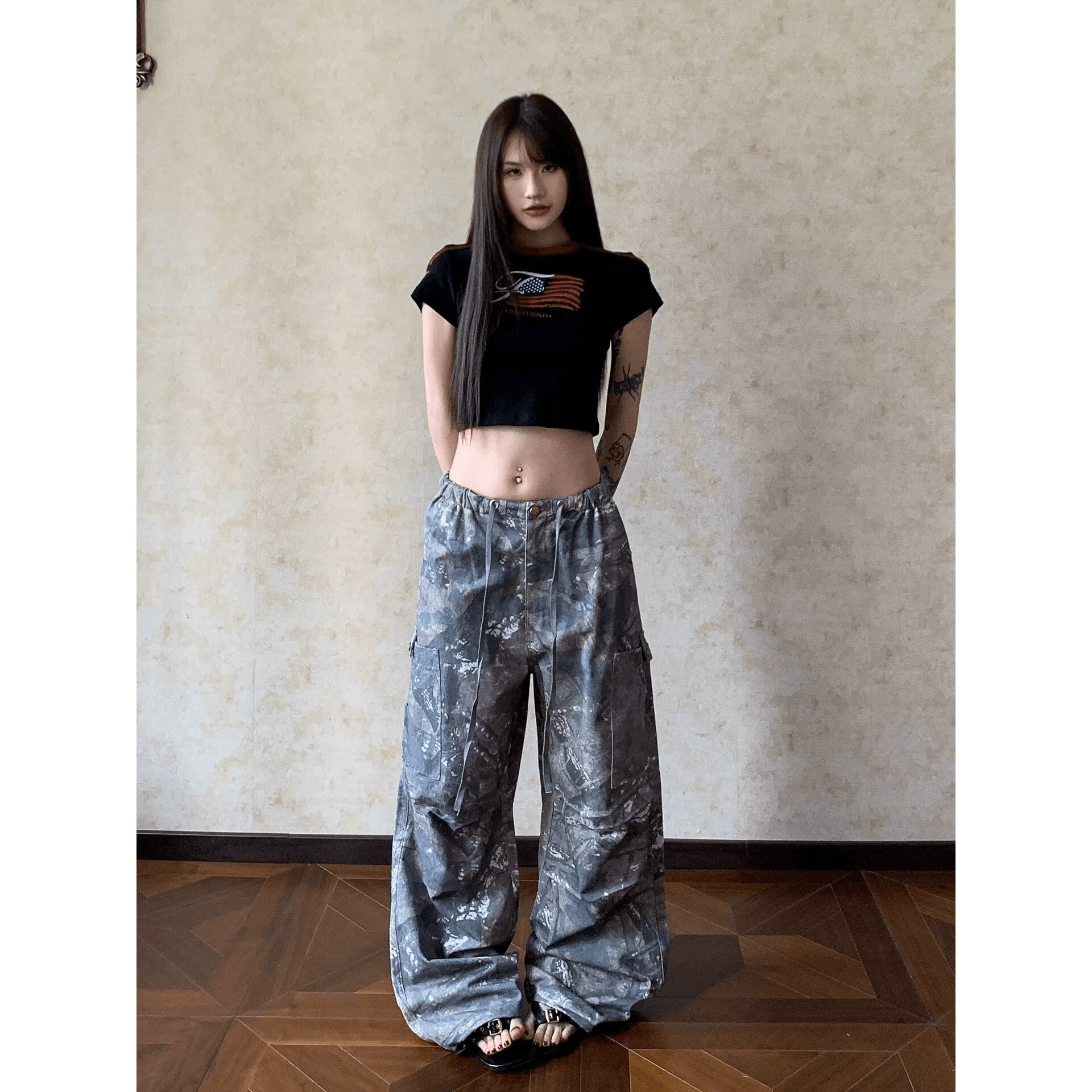 아메리칸 레트로 카모플라주 기타 주머니 루즈핏 캐주얼 바지 남녀 높음 거리 웃음 하 스트레이트 넓은 다리 워크웨어 긴 바지 이미지 5