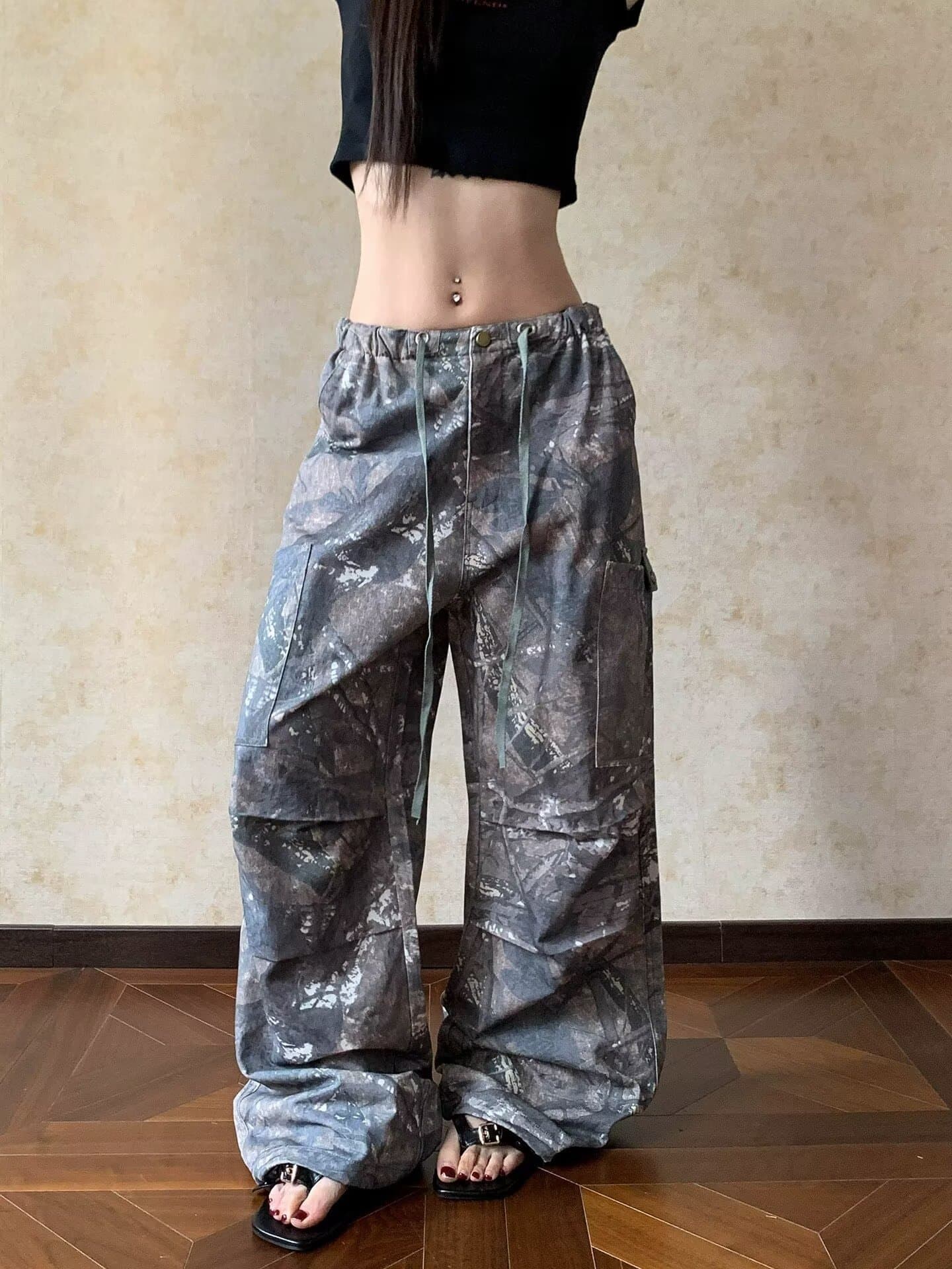 아메리칸 레트로 카모플라주 기타 주머니 루즈핏 캐주얼 바지 남녀 높음 거리 웃음 하 스트레이트 넓은 다리 워크웨어 긴 바지 상세 이미지 1