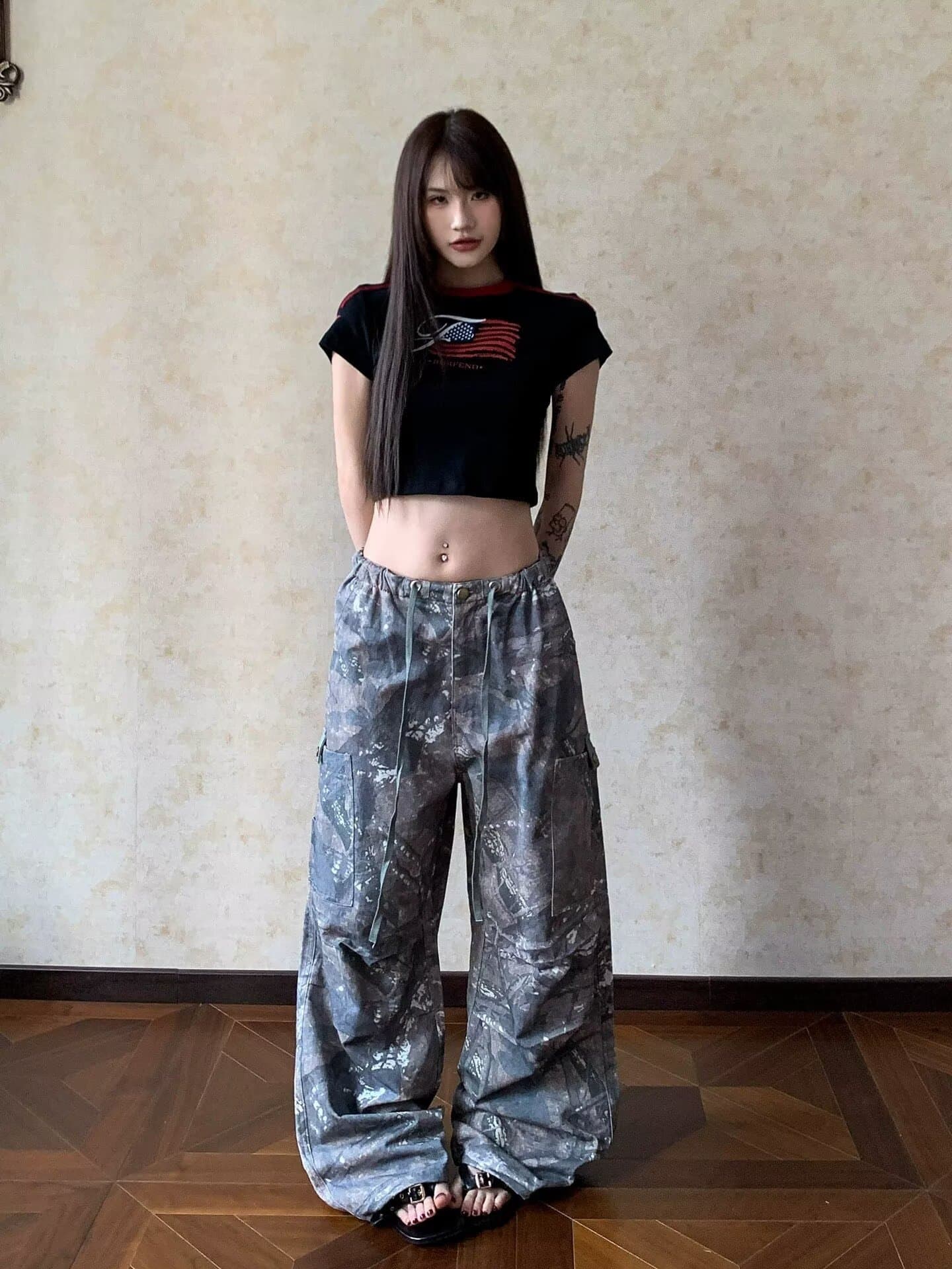 아메리칸 레트로 카모플라주 기타 주머니 루즈핏 캐주얼 바지 남녀 높음 거리 웃음 하 스트레이트 넓은 다리 워크웨어 긴 바지 상세 이미지 2