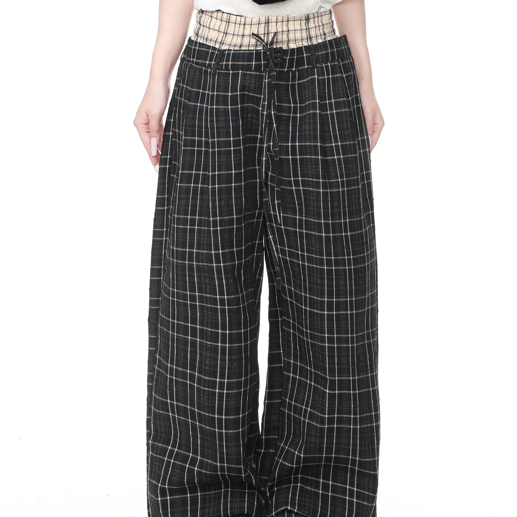 좋은 품질 원본 올린 사람 : 에디션 루즈핏 넓은 다리 한 마디 바지 여성 가을 스트레이트 더블 허리 통기성 캐주얼 체크무늬 바지 상세 이미지 1