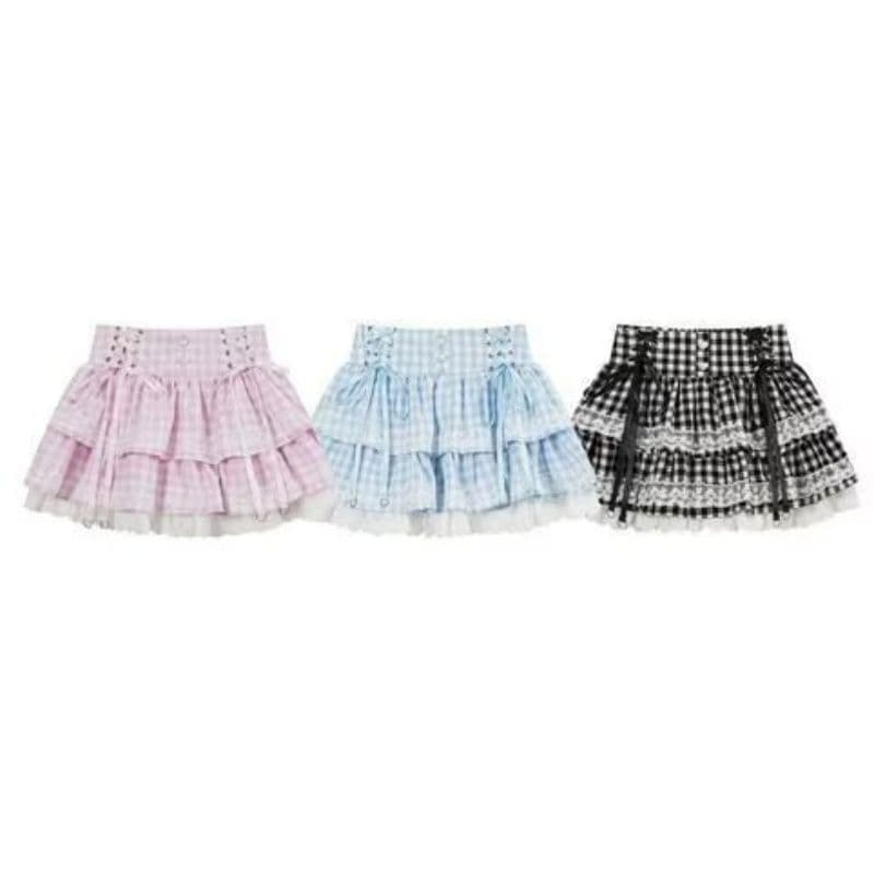 달콤함 분말 체크무늬 귀여운 케이크 반신 스커트 여성 봄 여름 아이스크림 하이웨이스트 프릴 짧은 치마
