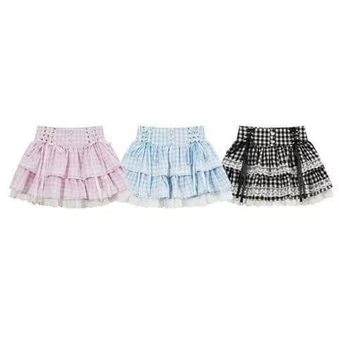 달콤함 분말 체크무늬 귀여운 케이크 반신 스커트 여성 봄 여름 아이스크림 하이웨이스트 프릴 짧은 치마 상세 이미지 1