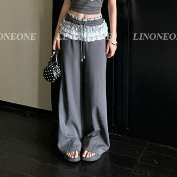 한 부서 디자인 센스 핫걸 레이스 레이스 레이스업 페이크 레이어드 캐주얼 긴 바지 여성