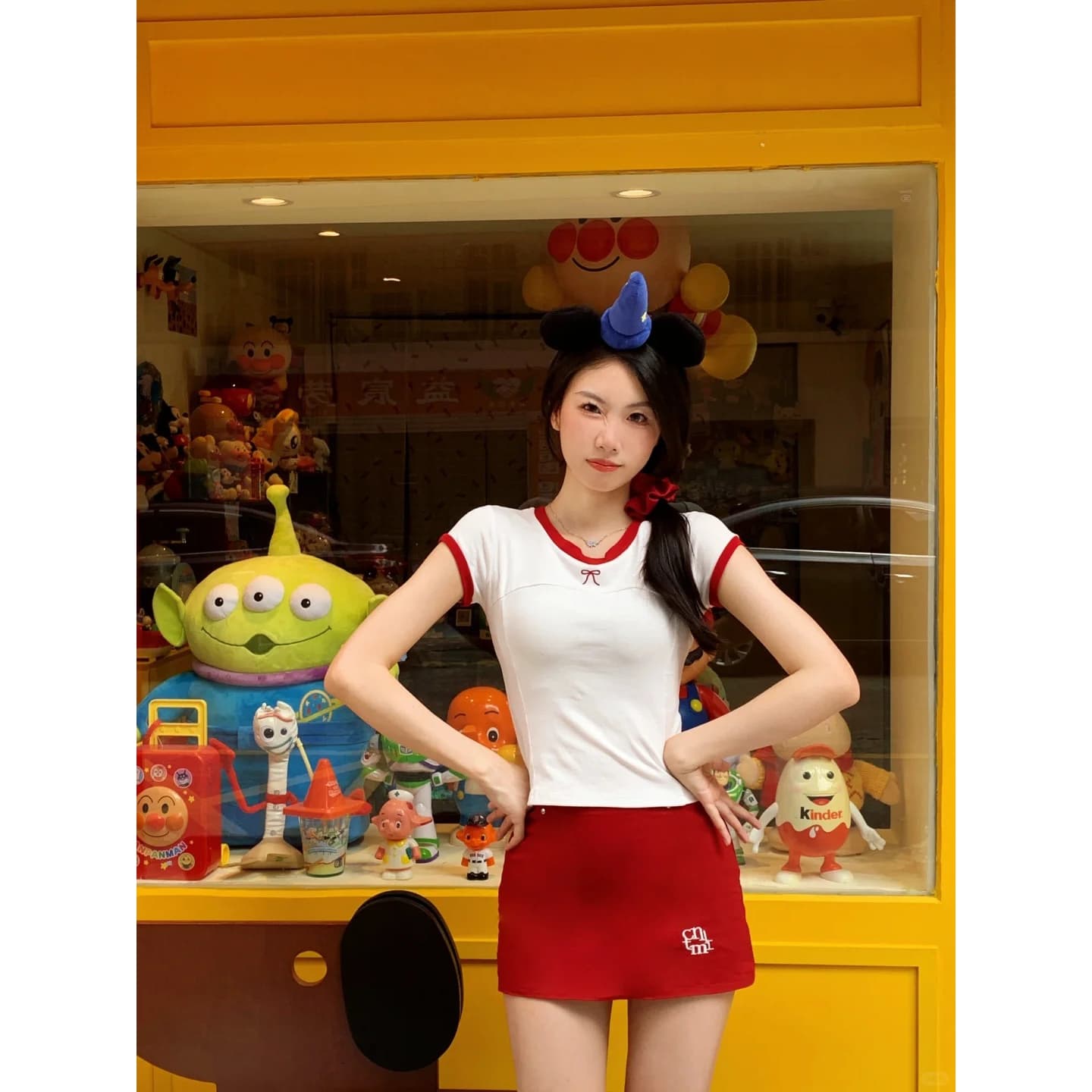 원본 품질 달콤한 자매 바람 개성 반신 스커트 라운드 넥 티셔츠 투피스 세트 세트 여성 상세 이미지 5