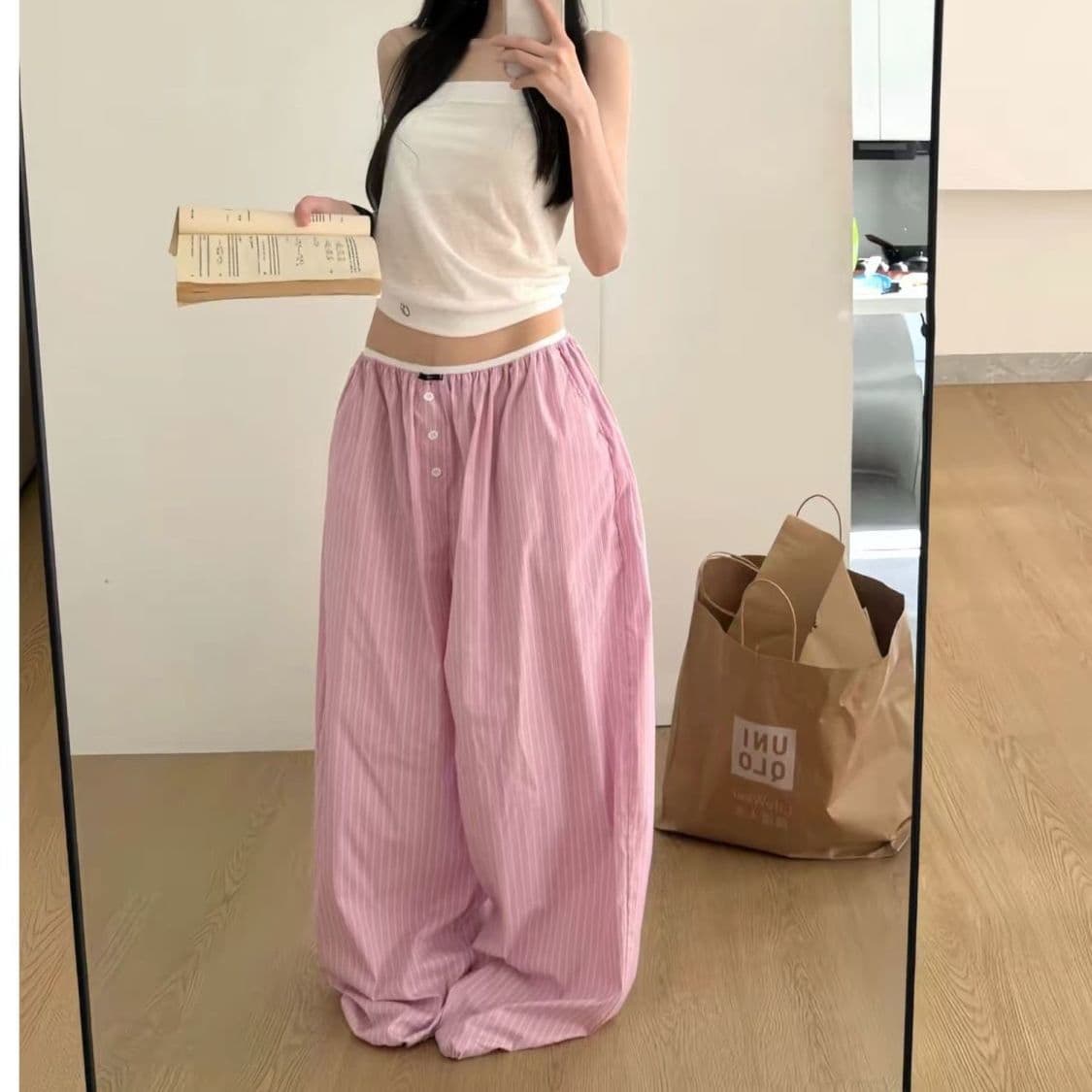 긴 바지 디지털 원본 바지 것 스트라이프 캐주얼 바지 루즈핏 허리밴드 펌프 로프 작은 대중 긴 바지 여성 상세 이미지 2