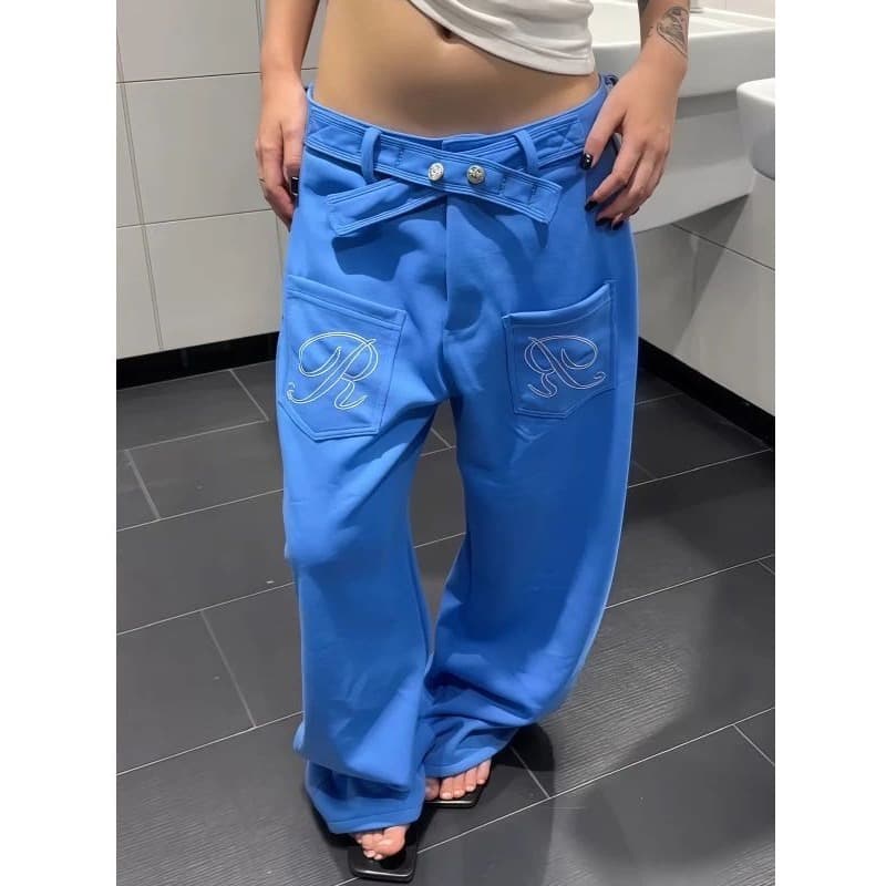 한국 아메리칸 레트로 파리 버클 디자인 자수 식물 플러시 프린트 모통이 칼 와이드 레그 팬츠 남녀 ins 느긋한 웨이 바지 상세 이미지 1