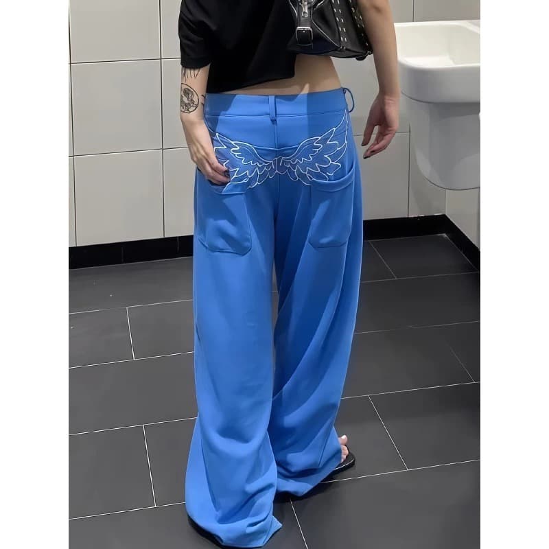 한국 아메리칸 레트로 파리 버클 디자인 자수 식물 플러시 프린트 모통이 칼 와이드 레그 팬츠 남녀 ins 느긋한 웨이 바지 상세 이미지 3