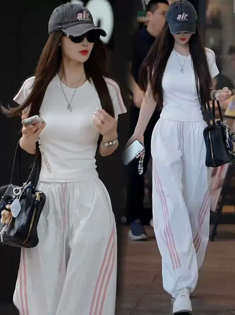캐주얼 스포츠 슈트 여성 2026 여름 새로운 외국 가스 슬림해 보이는 반팔 티셔츠 와이드 레그 팬츠 투피스 세트 상세 이미지 2