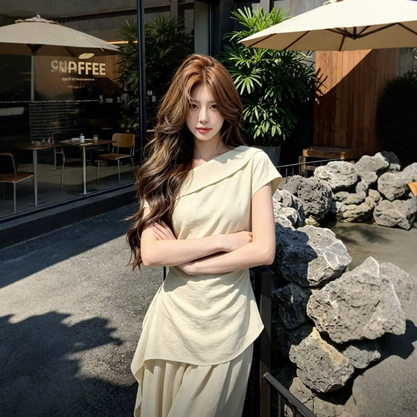 패션 세트 여성 여름 새로운 비스듬한 어깨 펌프 Pleat 리본 슬림해 보이는 맨위 하이웨이스트 와이드 레그 팬츠 투피스 세트 이미지 4