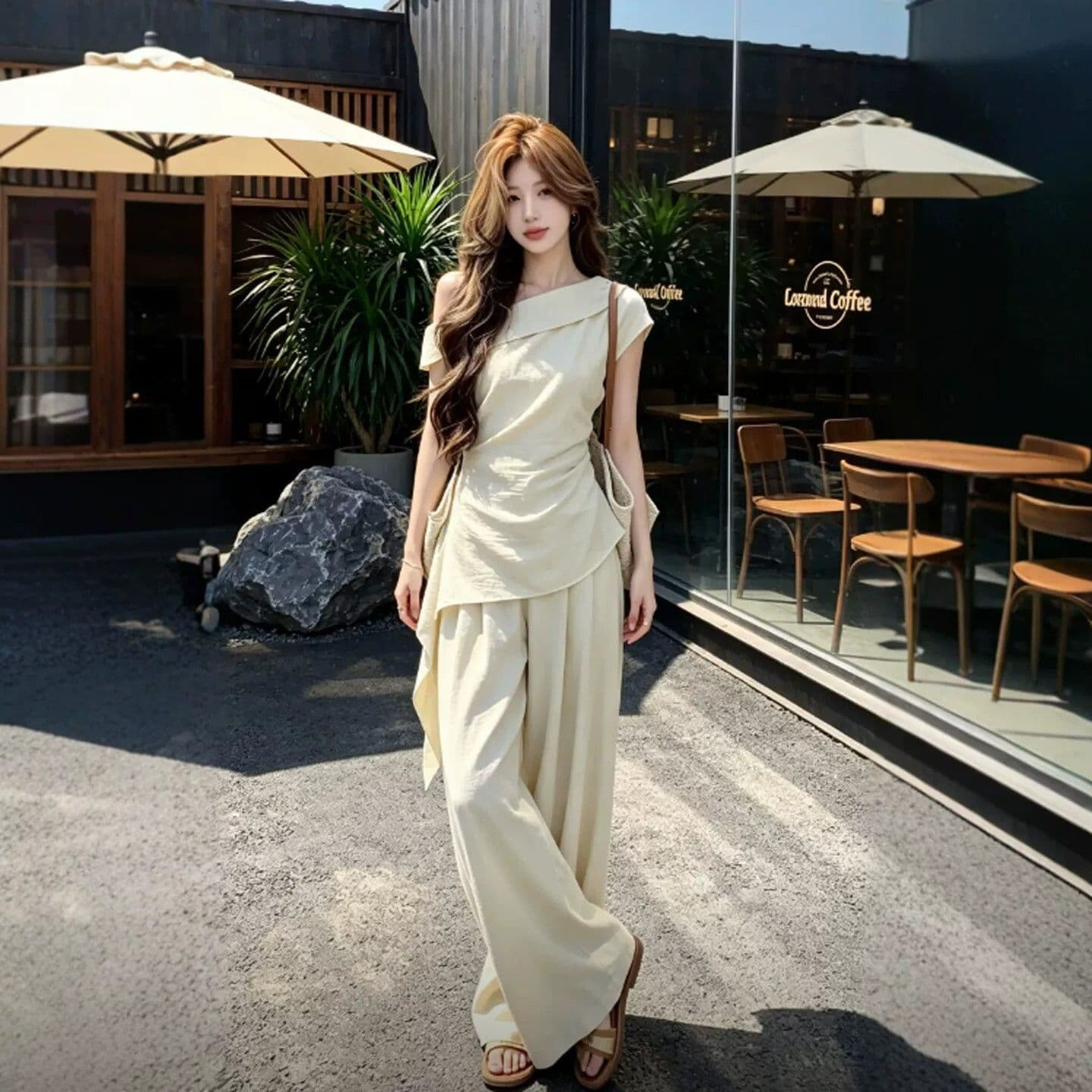 패션 세트 여성 여름 새로운 비스듬한 어깨 펌프 Pleat 리본 슬림해 보이는 맨위 하이웨이스트 와이드 레그 팬츠 투피스 세트 이미지 5