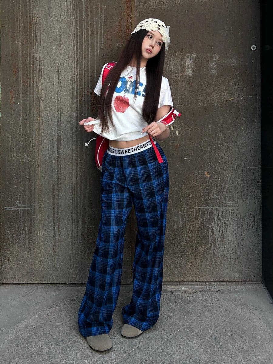 좋은 품질 항저우 원본 tr 체크 직물 블루 블랙 체크무늬 바지 남녀 알파벳 허리 머리 패치워크 캐주얼 긴 바지 상세 이미지 3