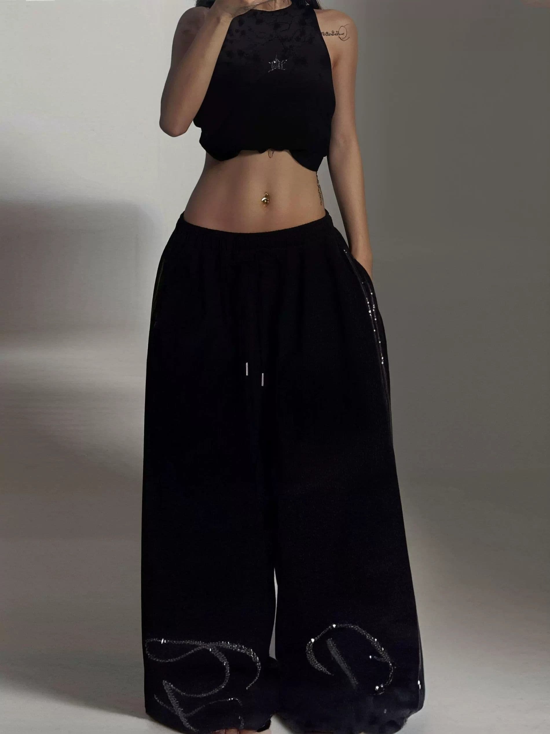 아메리칸 레트로 느긋한 바람 핫픽스 와이드 레깅스 바지 펌프 로프 도루 센스 재즈 댄스 바지 루즈핏 캐주얼 바지 운동 웨이 바지 이미지 3