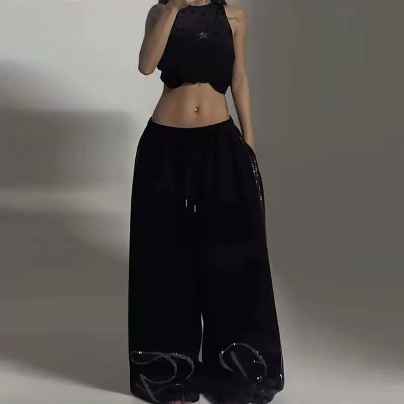 아메리칸 레트로 느긋한 바람 핫픽스 와이드 레깅스 바지 펌프 로프 도루 센스 재즈 댄스 바지 루즈핏 캐주얼 바지 운동 웨이 바지 상세 이미지 17