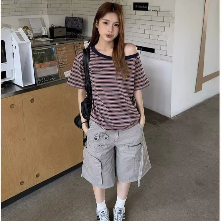 아메리칸 레트로 기타 주머니 워크웨어 반바지 남녀 여름 새로운 워싱 캐주얼 루즈핏 스트레이트 넓은 다리 오부 바지 상세 이미지 5
