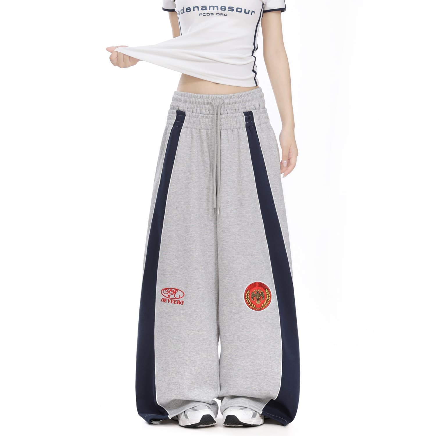 아메리칸 더블 머리 허리 휘장 자수 디자인 웨이 바지 루즈핏 넓은 다리 도루 센스 캐주얼 긴 바지 여성 상세 이미지 6