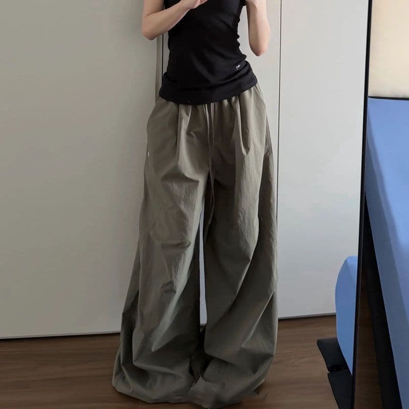 고밀도 탑 실크 길다 ins 여름 레트로 아메리칸 느긋한 바람 패치워크 펌프 Pleat 넓은 다리 루즈핏 얇은 스타일 캐주얼 바지 이미지 5