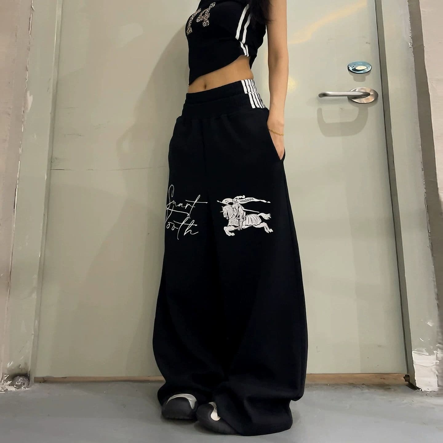 프린트 스트라이프 더블 허리 머리 baggy 웨이 바지 남녀 여름 아메리칸 운동 바람 루즈핏 스트레이트 캐주얼 바지 트렌디