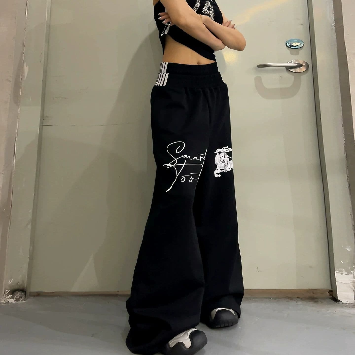 프린트 스트라이프 더블 허리 머리 baggy 웨이 바지 남녀 여름 아메리칸 운동 바람 루즈핏 스트레이트 캐주얼 바지 트렌디 이미지 4