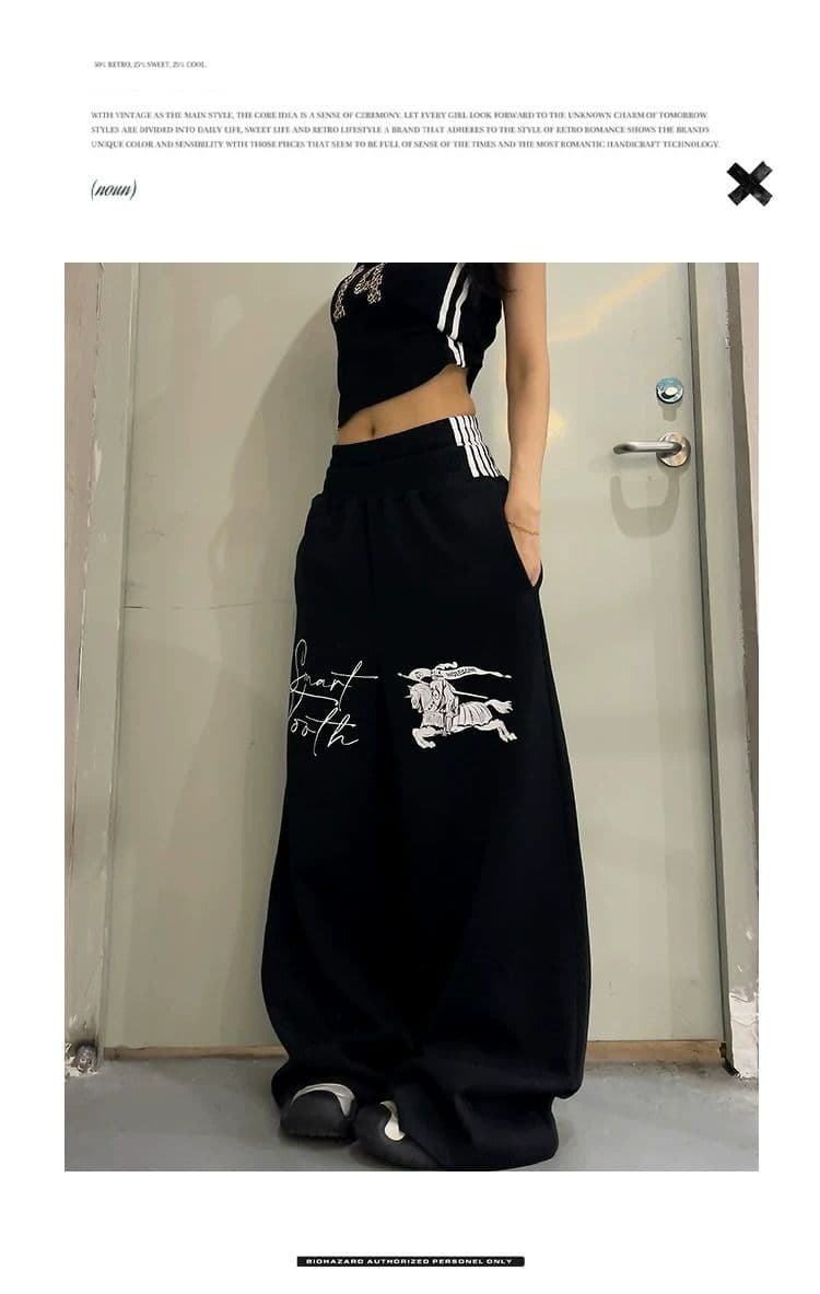 프린트 스트라이프 더블 허리 머리 baggy 웨이 바지 남녀 여름 아메리칸 운동 바람 루즈핏 스트레이트 캐주얼 바지 트렌디 상세 이미지 2