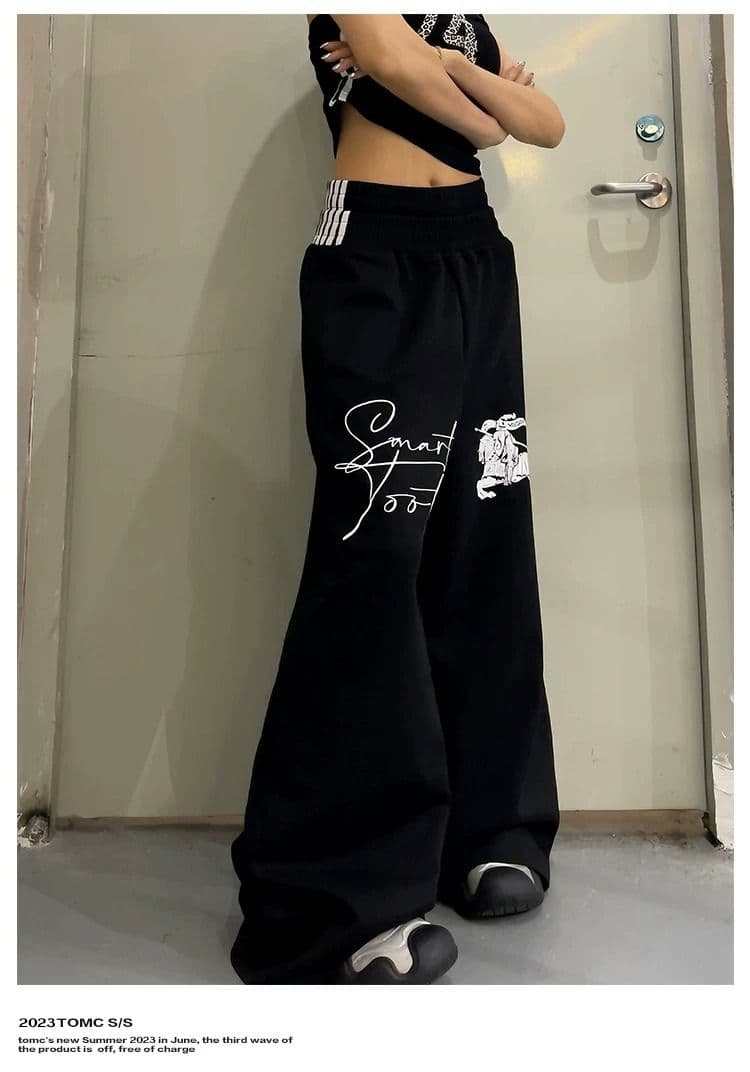 프린트 스트라이프 더블 허리 머리 baggy 웨이 바지 남녀 여름 아메리칸 운동 바람 루즈핏 스트레이트 캐주얼 바지 트렌디 상세 이미지 3