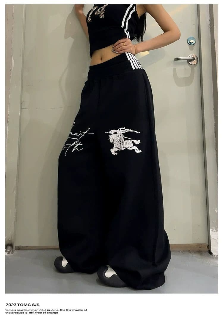 프린트 스트라이프 더블 허리 머리 baggy 웨이 바지 남녀 여름 아메리칸 운동 바람 루즈핏 스트레이트 캐주얼 바지 트렌디 상세 이미지 5