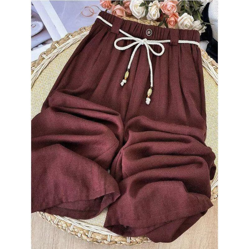 s-6xl 다용도 와이드 레깅스 바지 여름 섹션 하이웨이스트 편안함 슬림해 보이는 펌프 로프 허리밴드 스트레이트 캐주얼 굴곡 바지 이미지 2