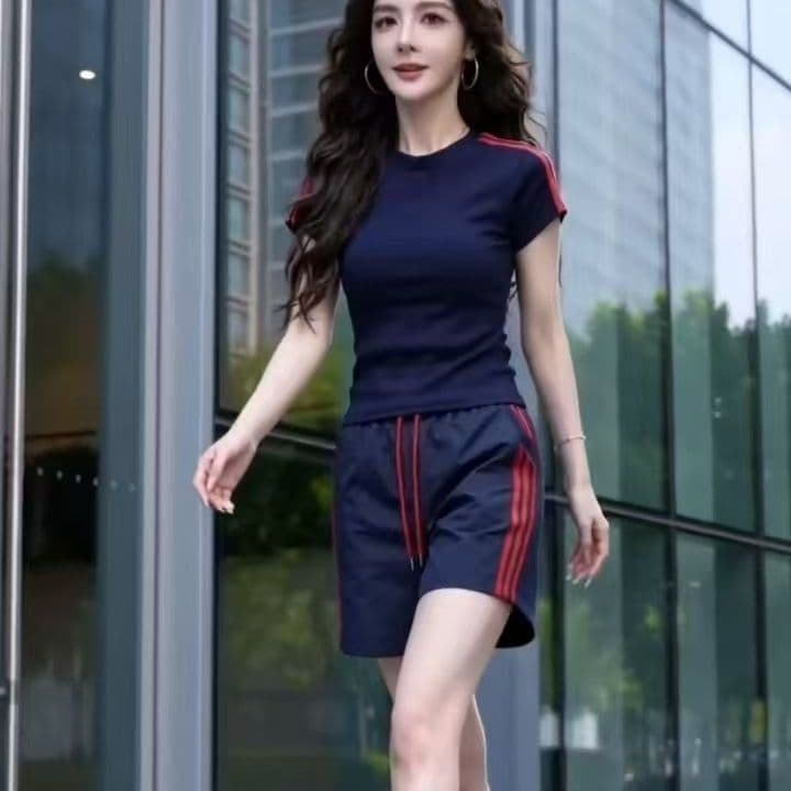 인터넷 유명인 새로운 여름 폭발 다용도 라운드 넥 반팔 스포츠 슈트 반바지 하이웨이스트 속도 건조한 바지 세트 상세 이미지 7