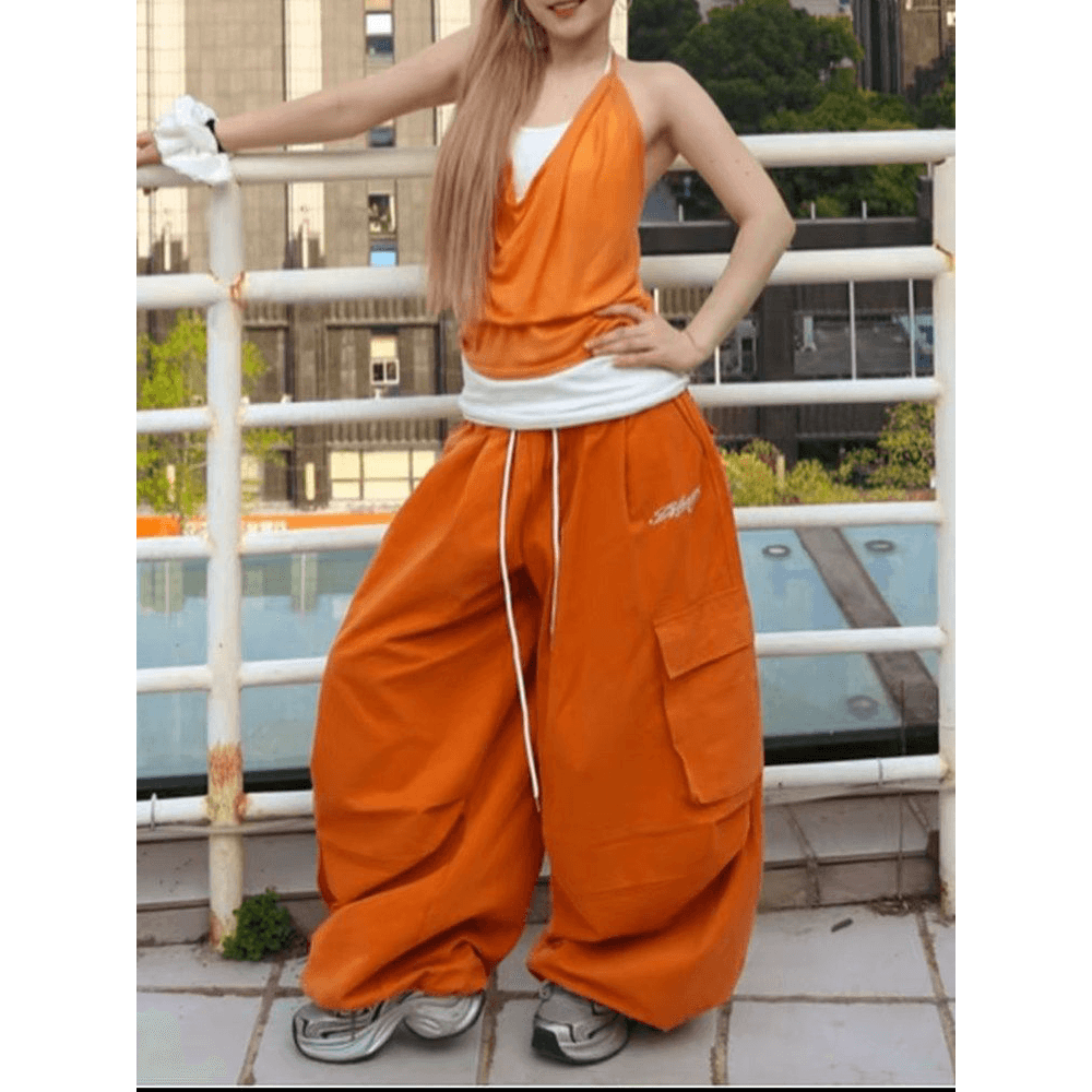 도파민 주황색 워크웨어 와이드 레그 팬츠 아이들 봄 여름 아메리칸 핫걸 웃음 하 스트리트 댄스 바지 루즈핏 캐주얼 긴 바지 이미지 5