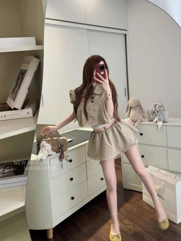 한 부서 샤오시엔 외국 가스 명문 여성 착용 가져 가라. 전체 집합 우유 커피 도트 무늬 베이비 칼라 맨위 한 마디 반신 스커트 투피스 세트 상세 이미지 3