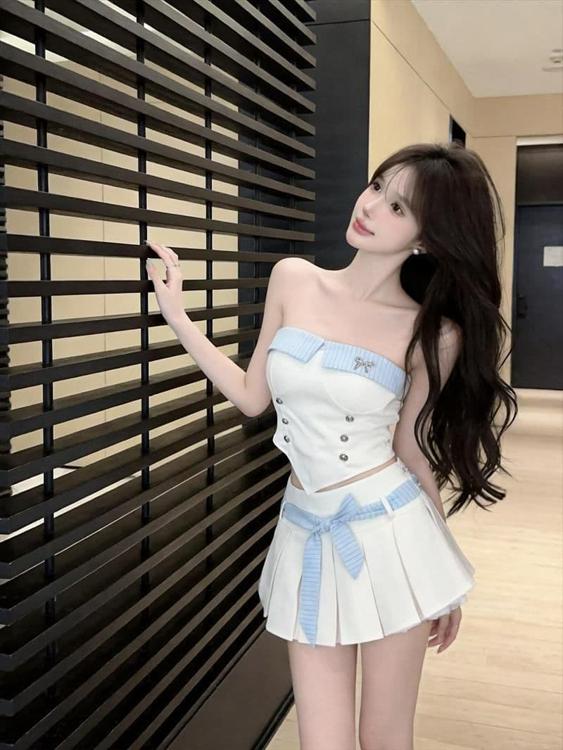 작은 샤넬 스타일 여성 달콤한 매운맛 배색 프릴 캐미솔 하이웨이스트 미니 스커트 투피스 세트 이미지 3