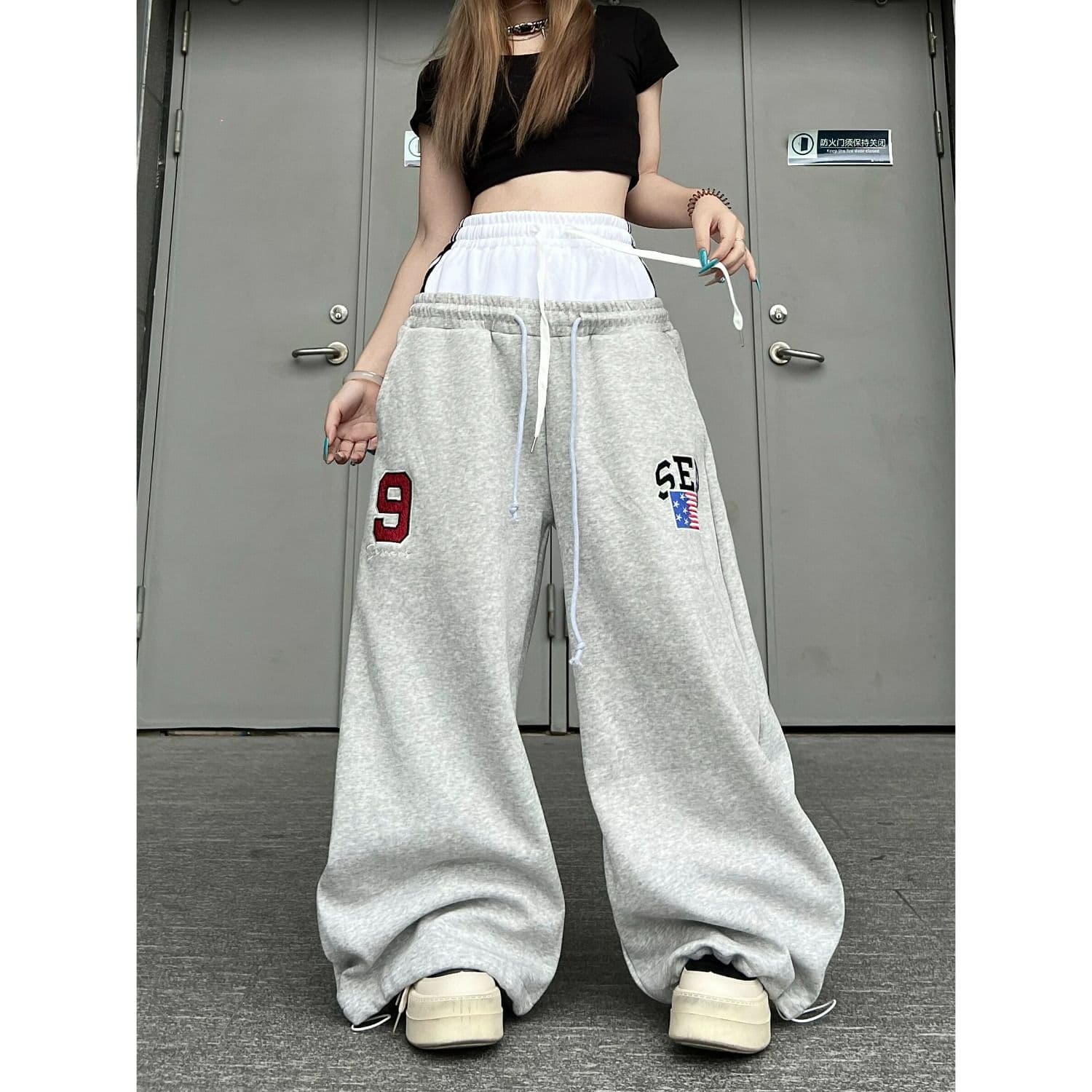순면 더블 허리 머리 아메리칸 레트로 더블 허리 머리 패치워크 자수 알파벳 모통이 칼 웨이 바지 남녀 루즈핏 와이드 레그 팬츠 이미지 3