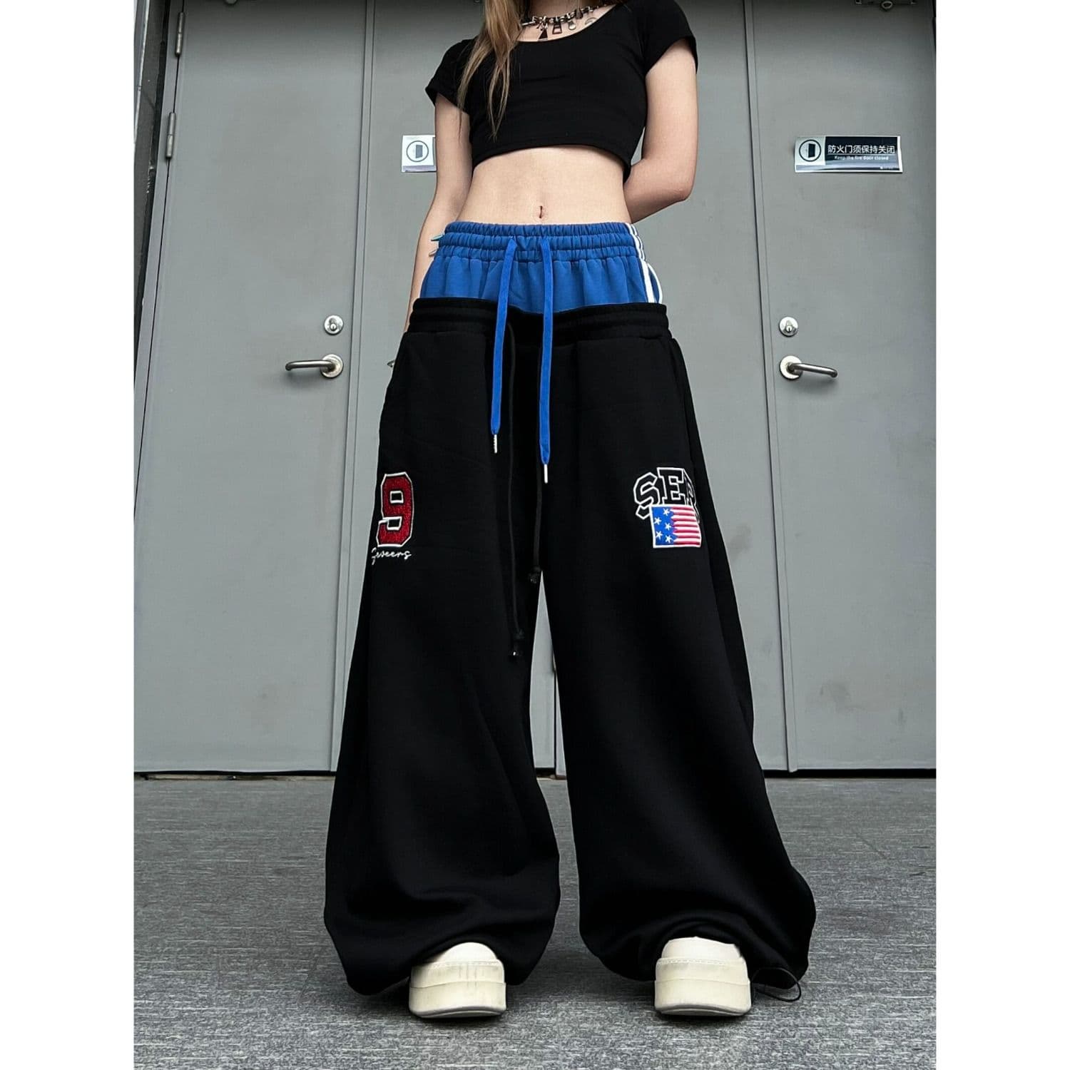 순면 더블 허리 머리 아메리칸 레트로 더블 허리 머리 패치워크 자수 알파벳 모통이 칼 웨이 바지 남녀 루즈핏 와이드 레그 팬츠 이미지 2