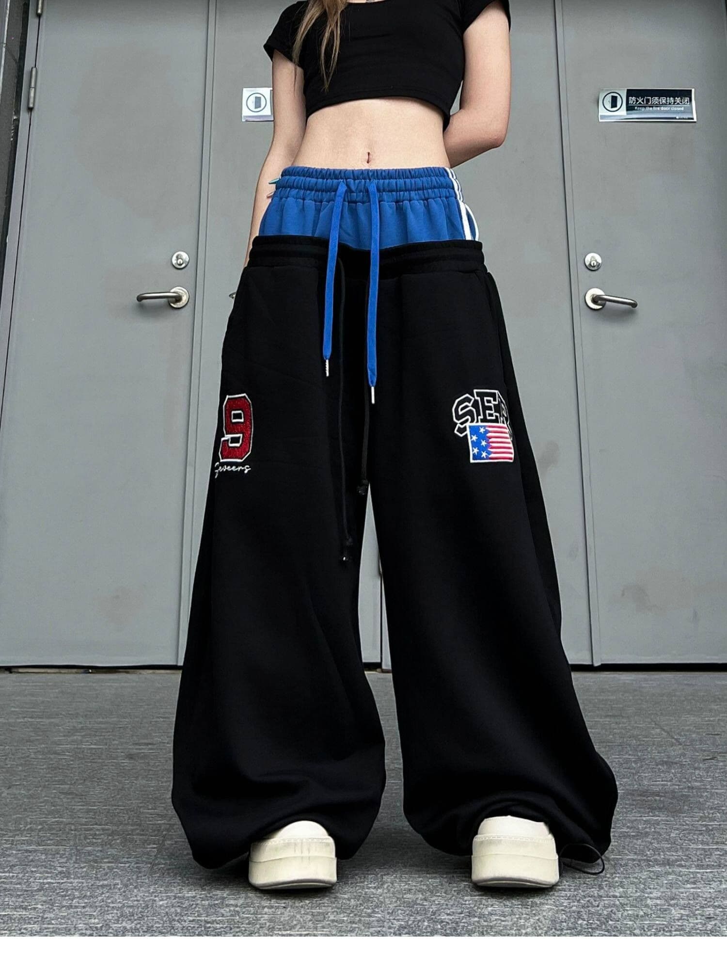 순면 더블 허리 머리 아메리칸 레트로 더블 허리 머리 패치워크 자수 알파벳 모통이 칼 웨이 바지 남녀 루즈핏 와이드 레그 팬츠 상세 이미지 2