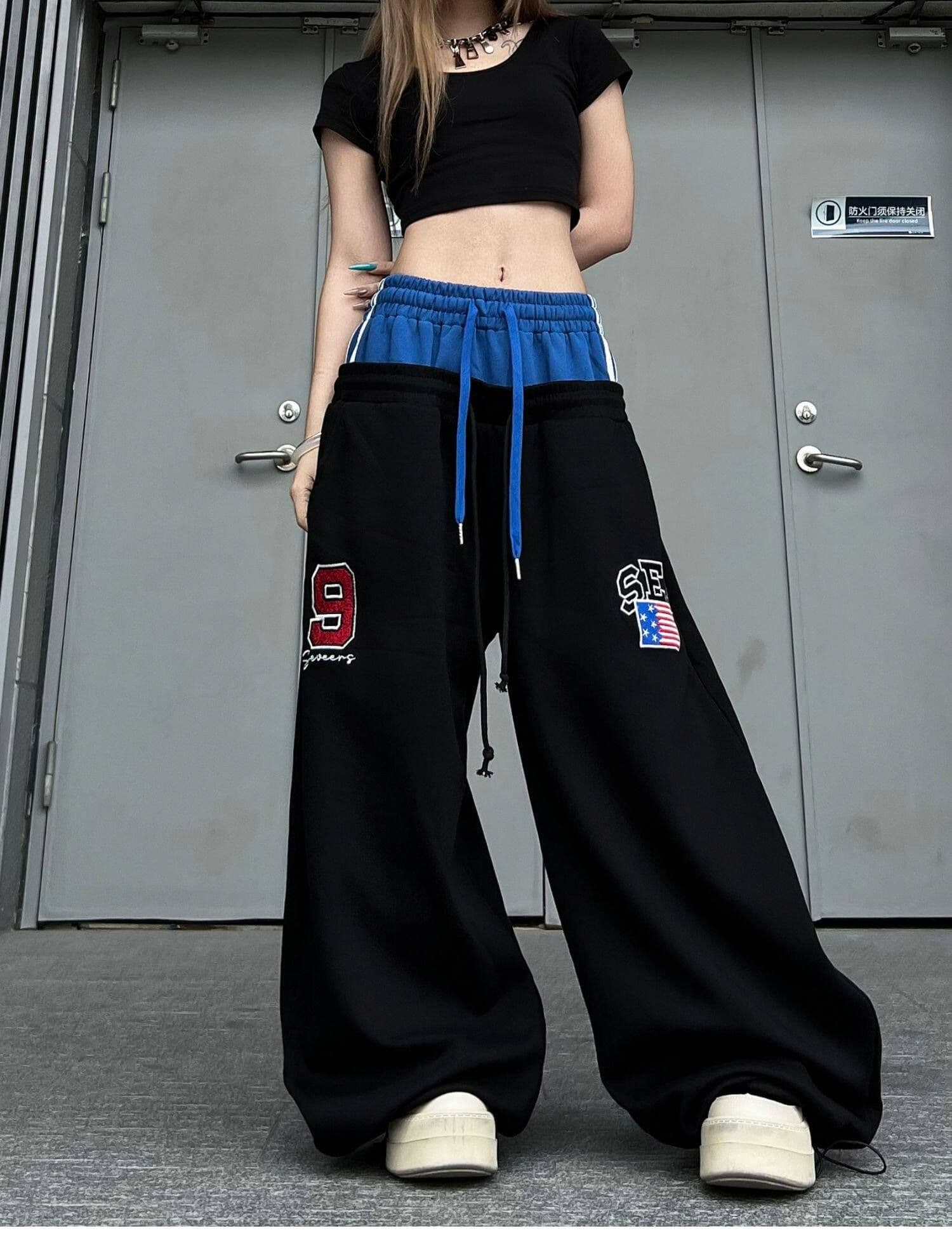 순면 더블 허리 머리 아메리칸 레트로 더블 허리 머리 패치워크 자수 알파벳 모통이 칼 웨이 바지 남녀 루즈핏 와이드 레그 팬츠 상세 이미지 3