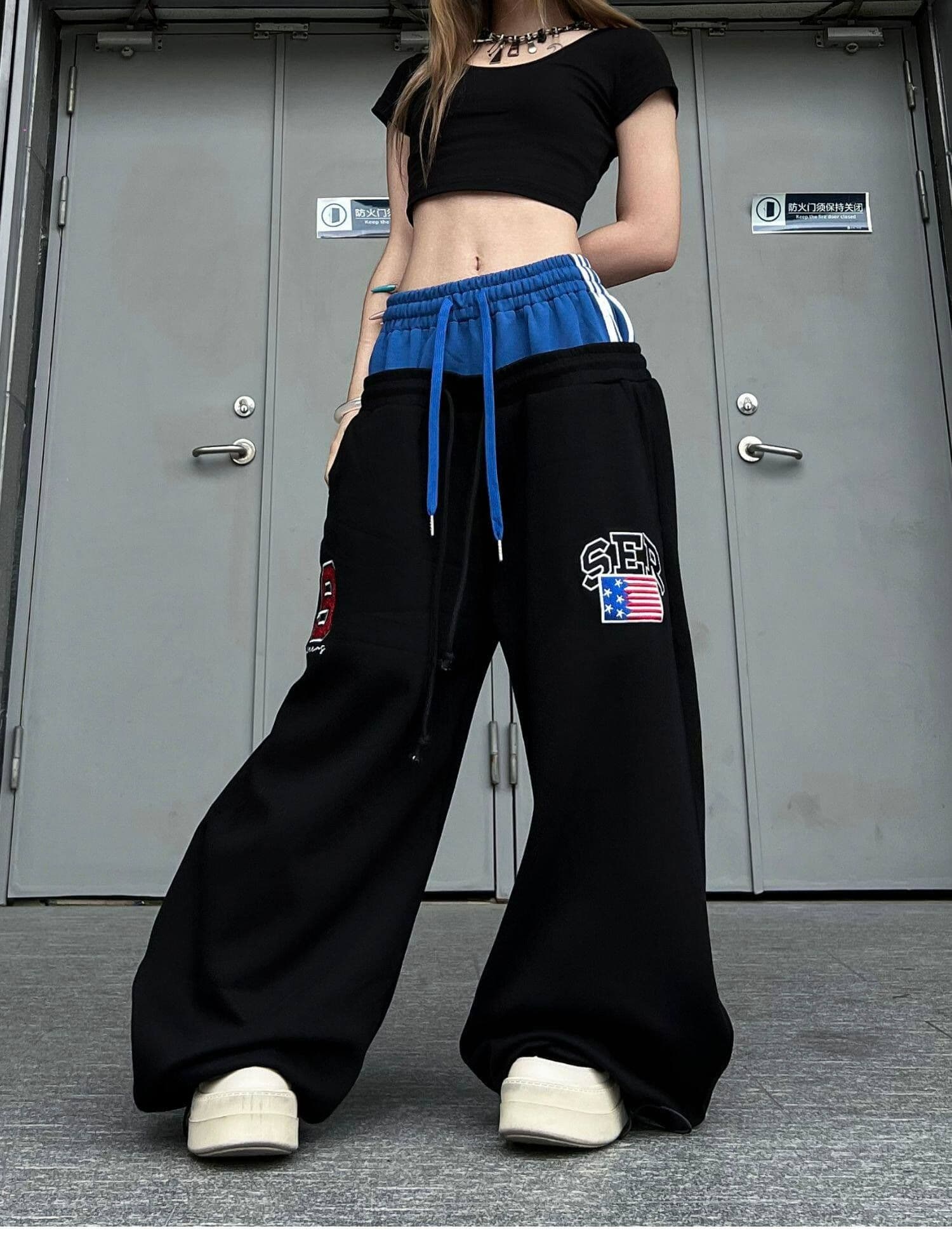 순면 더블 허리 머리 아메리칸 레트로 더블 허리 머리 패치워크 자수 알파벳 모통이 칼 웨이 바지 남녀 루즈핏 와이드 레그 팬츠 상세 이미지 4