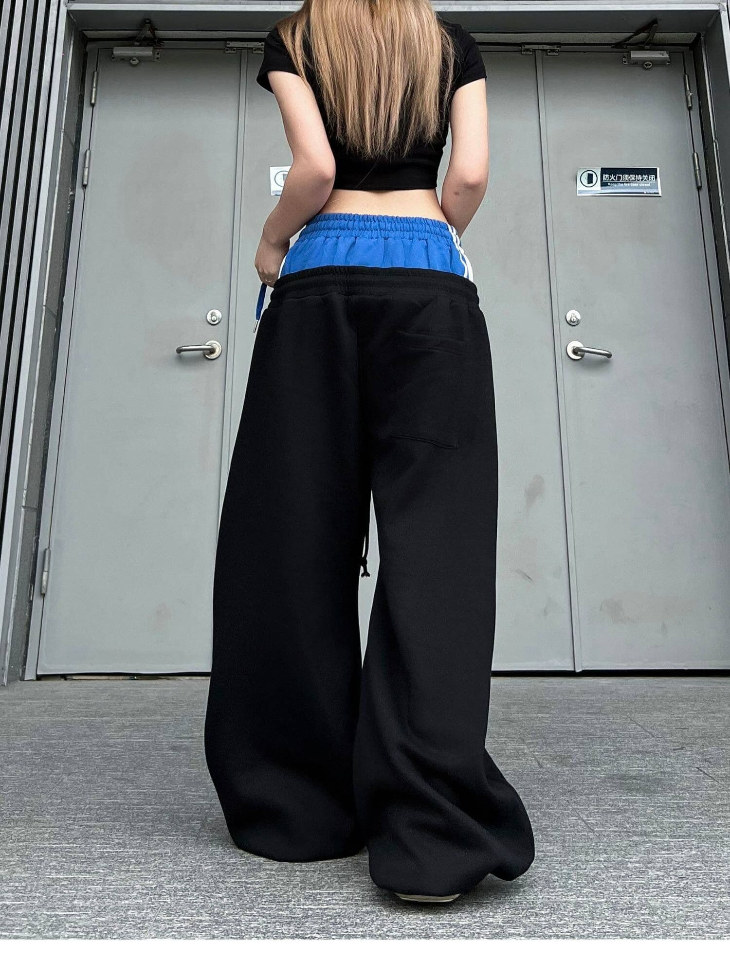 순면 더블 허리 머리 아메리칸 레트로 더블 허리 머리 패치워크 자수 알파벳 모통이 칼 웨이 바지 남녀 루즈핏 와이드 레그 팬츠 상세 이미지 5