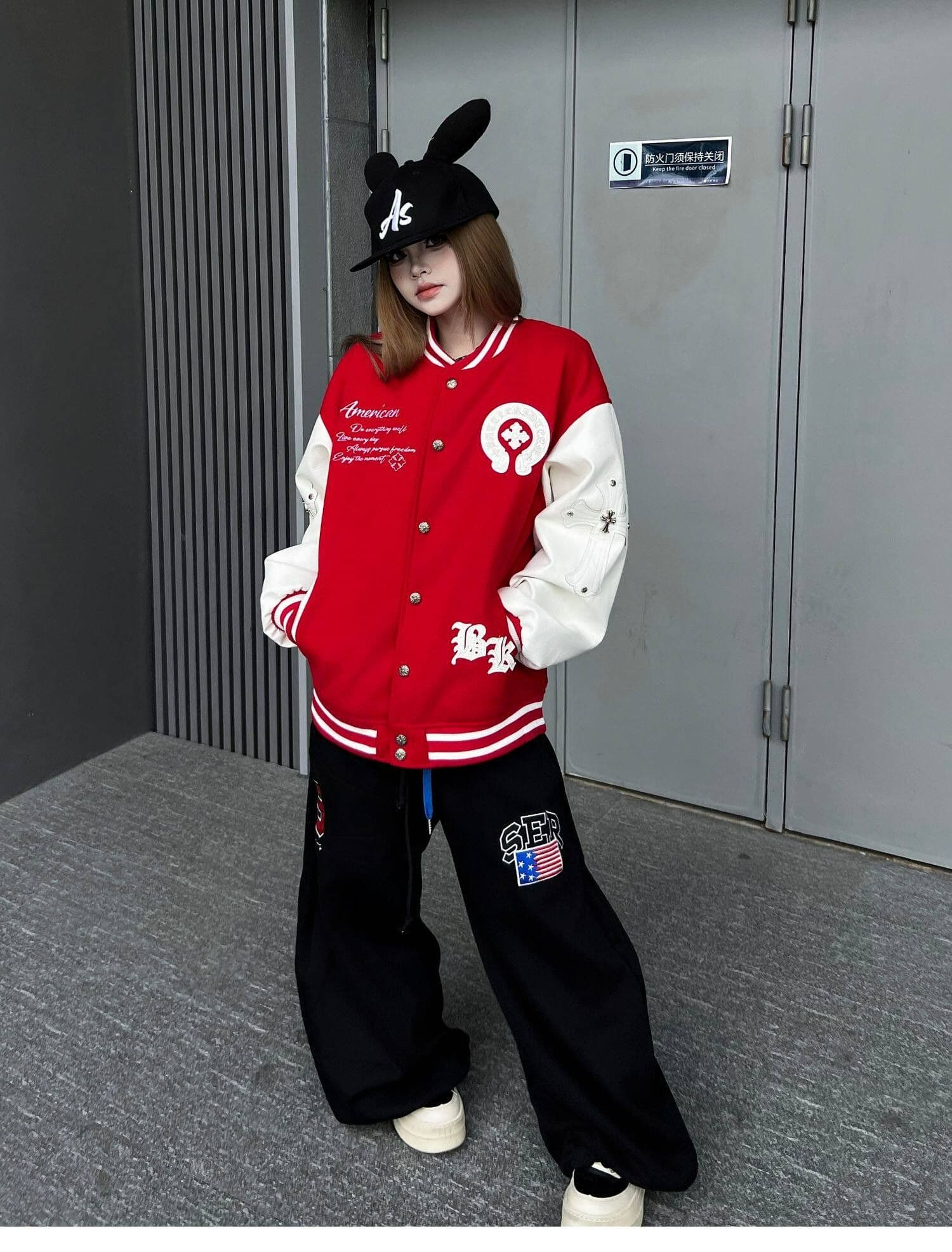 순면 더블 허리 머리 아메리칸 레트로 더블 허리 머리 패치워크 자수 알파벳 모통이 칼 웨이 바지 남녀 루즈핏 와이드 레그 팬츠 상세 이미지 6