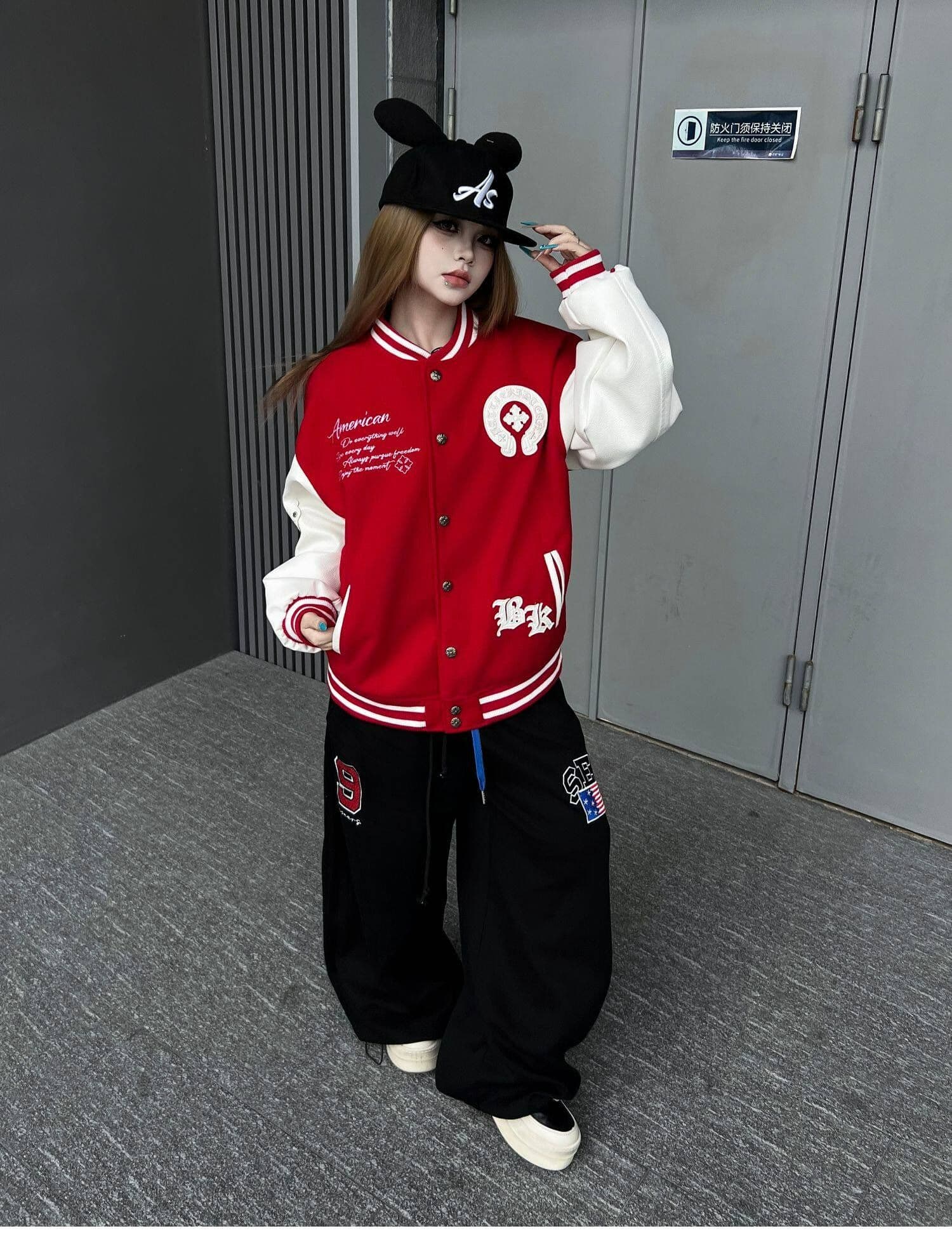 순면 더블 허리 머리 아메리칸 레트로 더블 허리 머리 패치워크 자수 알파벳 모통이 칼 웨이 바지 남녀 루즈핏 와이드 레그 팬츠 상세 이미지 8