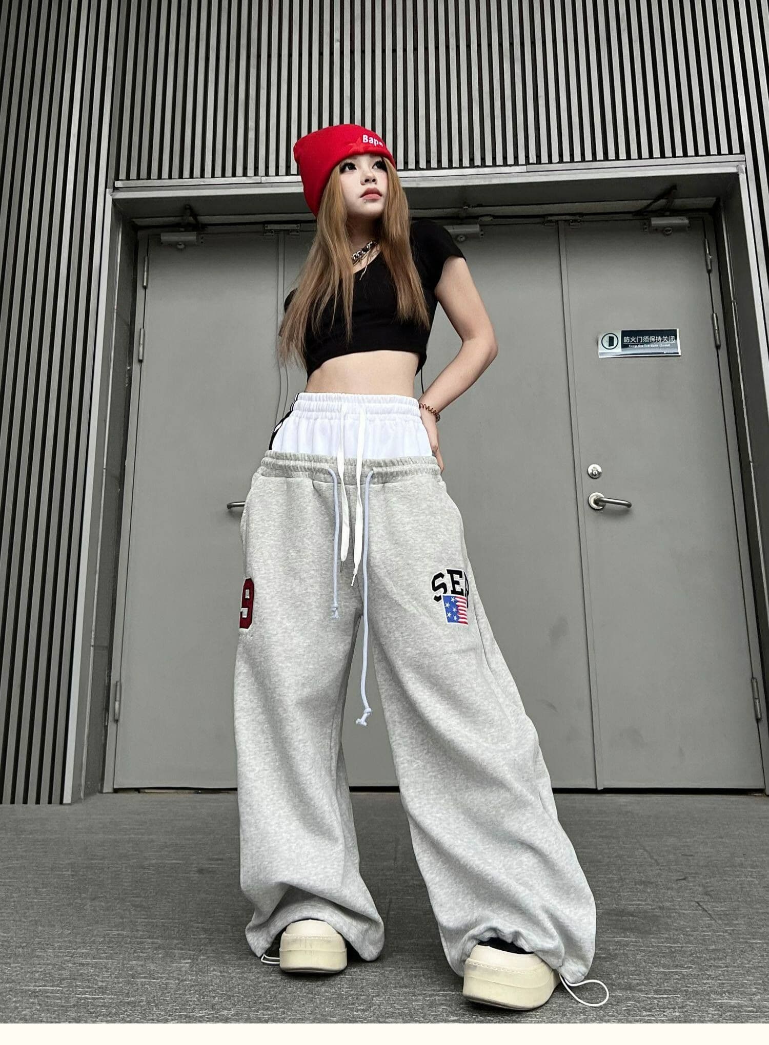 순면 더블 허리 머리 아메리칸 레트로 더블 허리 머리 패치워크 자수 알파벳 모통이 칼 웨이 바지 남녀 루즈핏 와이드 레그 팬츠 상세 이미지 13