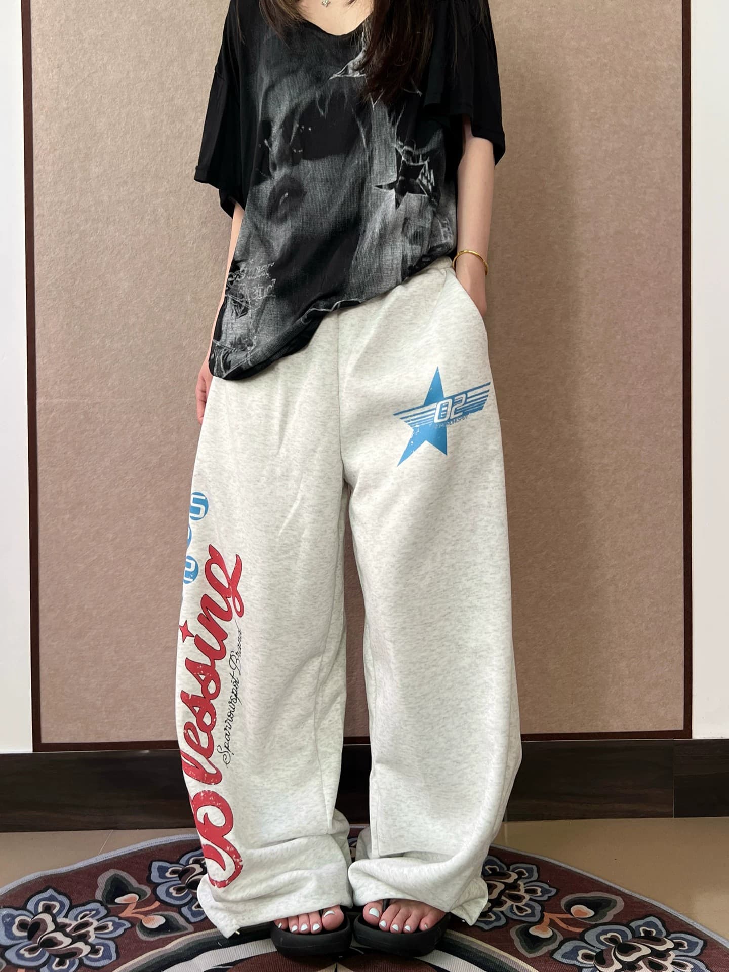 아메리칸 알파벳 별 프린트 넓은 다리 모통이 칼 웨이 바지 여성 루즈핏 캐주얼 다용도 스트레이트 바닥 청소 긴 바지 트렌드