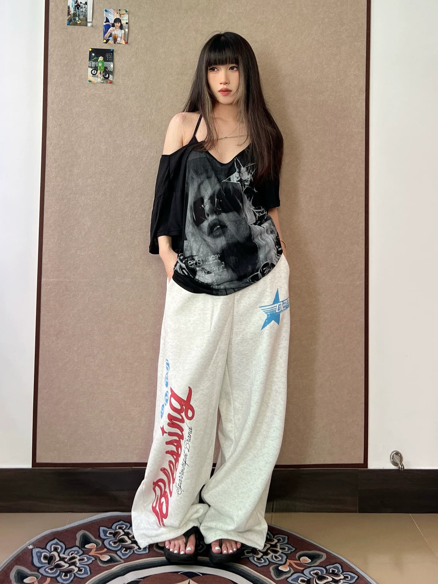 아메리칸 알파벳 별 프린트 넓은 다리 모통이 칼 웨이 바지 여성 루즈핏 캐주얼 다용도 스트레이트 바닥 청소 긴 바지 트렌드 이미지 3