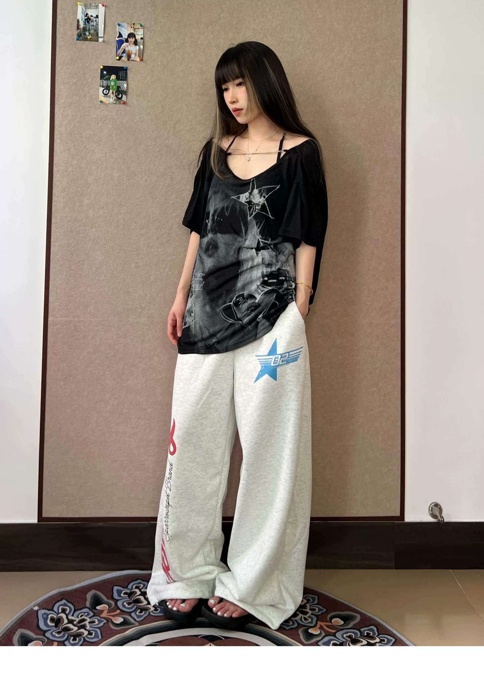 아메리칸 알파벳 별 프린트 넓은 다리 모통이 칼 웨이 바지 여성 루즈핏 캐주얼 다용도 스트레이트 바닥 청소 긴 바지 트렌드 상세 이미지 12