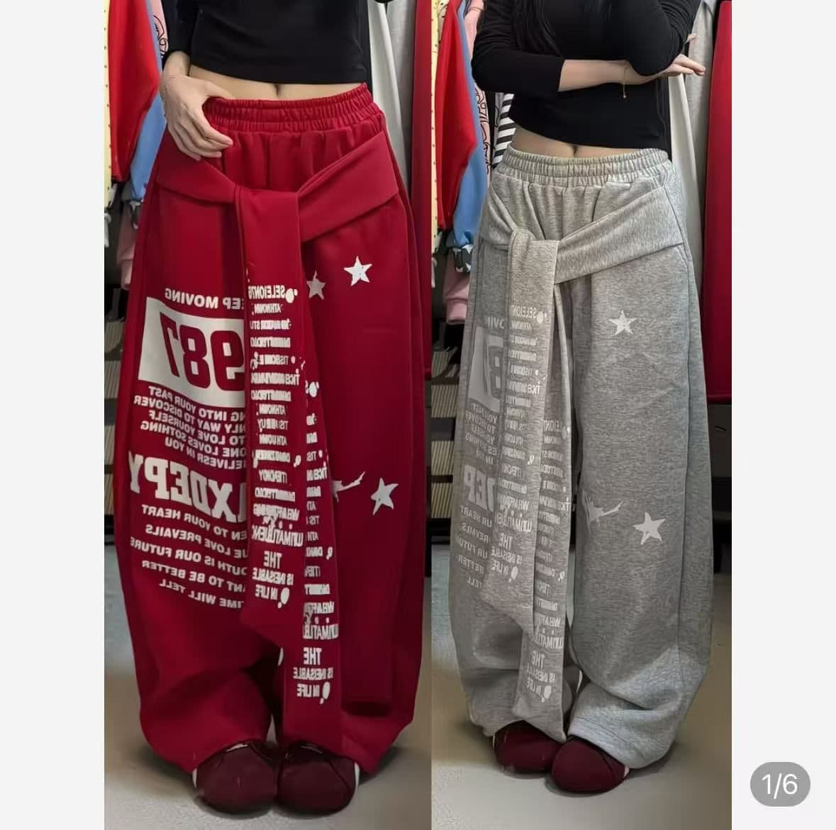 아메리칸 알파벳 프린트 스트랩 웨이 바지 루즈핏 넓은 다리 길이 바지 이미지 3
