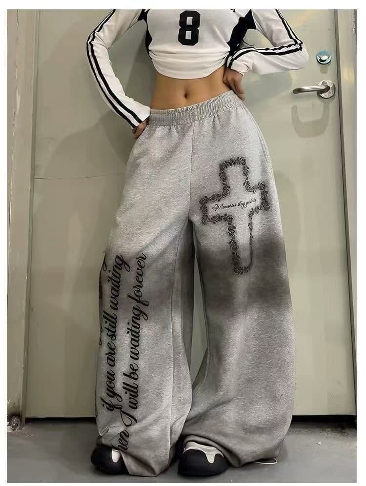 아메리칸 높음 거리 더러운 염색 십자가 알파벳 프린트 넓은 다리 모통이 칼 웨이 바지 여성 재즈 댄스 도루 센스 캐주얼 바지 트렌디 상세 이미지 9