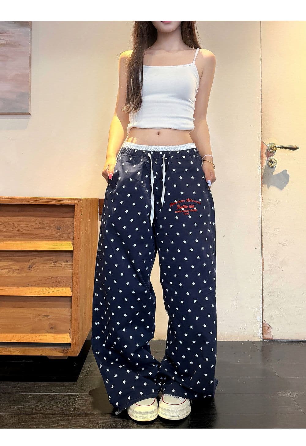 아메리칸 레트로 패치워크 바지 허리 자수 긴 바지 여성 여름 학생 루즈핏 캐주얼 운동 스트레이트 팬츠 상세 이미지 2