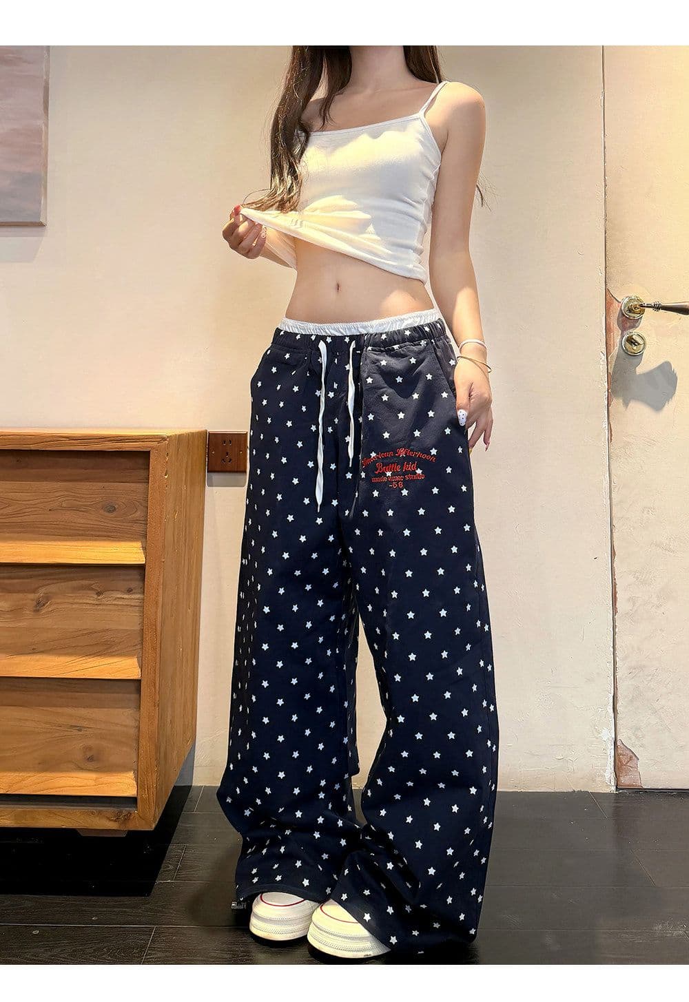 아메리칸 레트로 패치워크 바지 허리 자수 긴 바지 여성 여름 학생 루즈핏 캐주얼 운동 스트레이트 팬츠 상세 이미지 4
