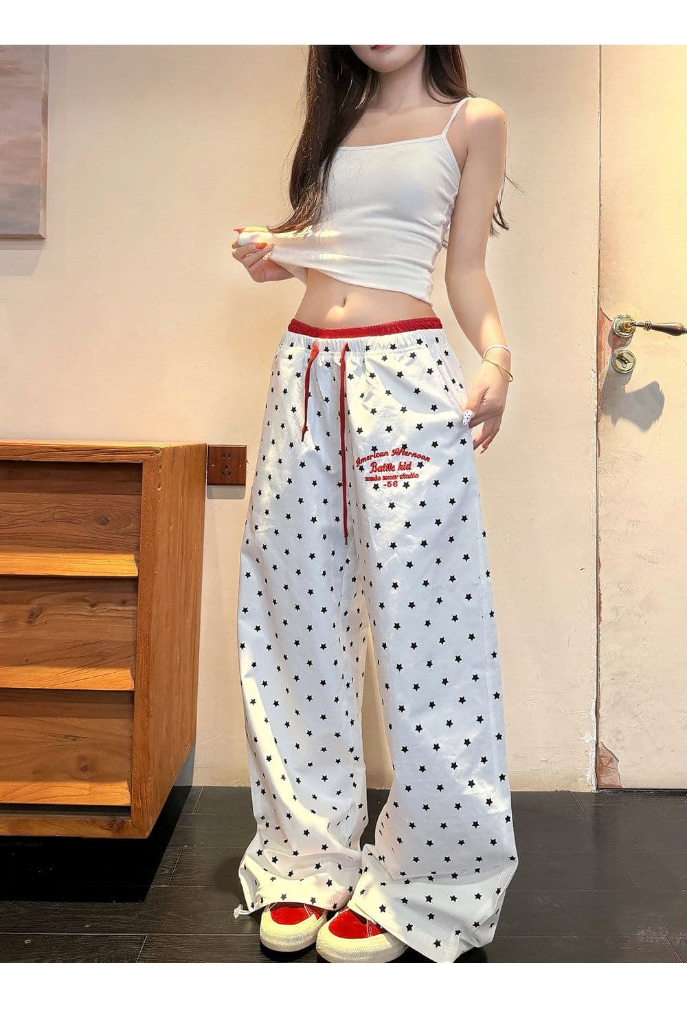 아메리칸 레트로 패치워크 바지 허리 자수 긴 바지 여성 여름 학생 루즈핏 캐주얼 운동 스트레이트 팬츠 상세 이미지 7